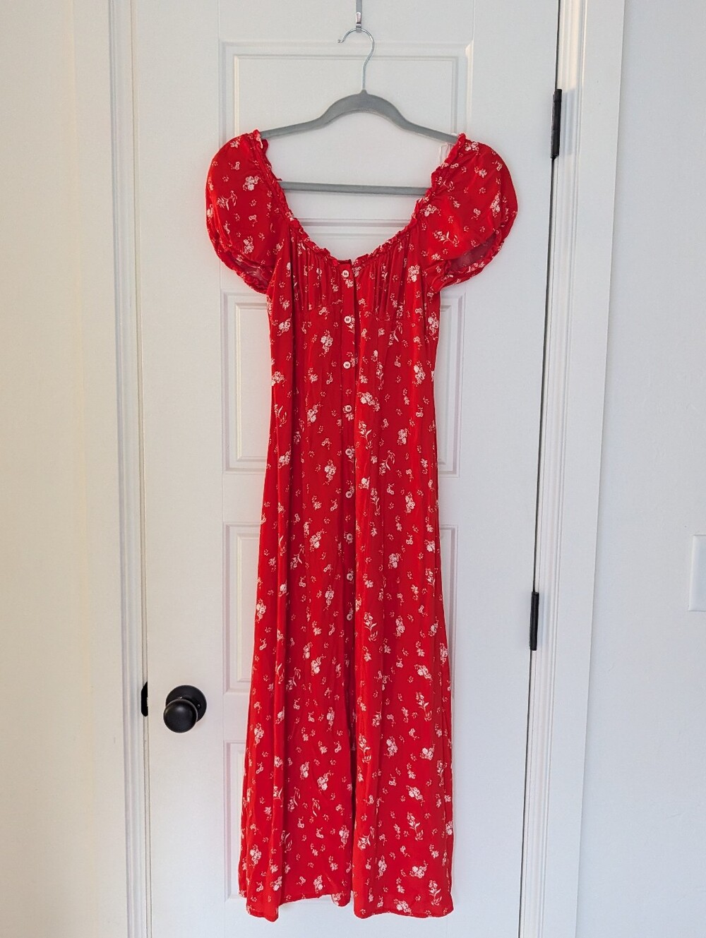 H&M Red Floral Midi Dress with Puff Sleeves